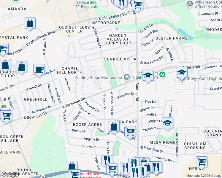 map of restaurants, bars, coffee shops, grocery stores, and more near West Mesa Park Drive in Round Rock