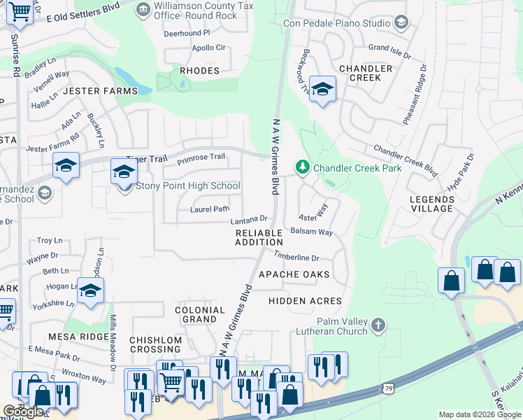 map of restaurants, bars, coffee shops, grocery stores, and more near 2008 Lantana Drive in Round Rock