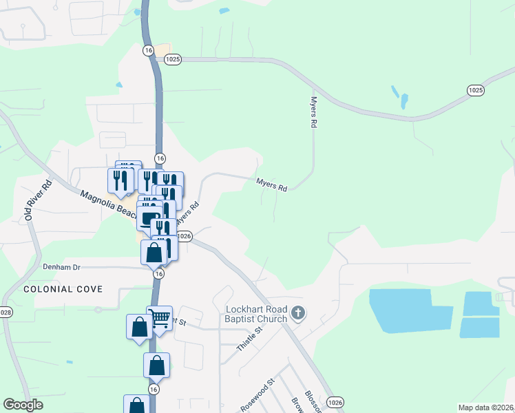 map of restaurants, bars, coffee shops, grocery stores, and more near 31772-32012 Myers Road in Denham Springs