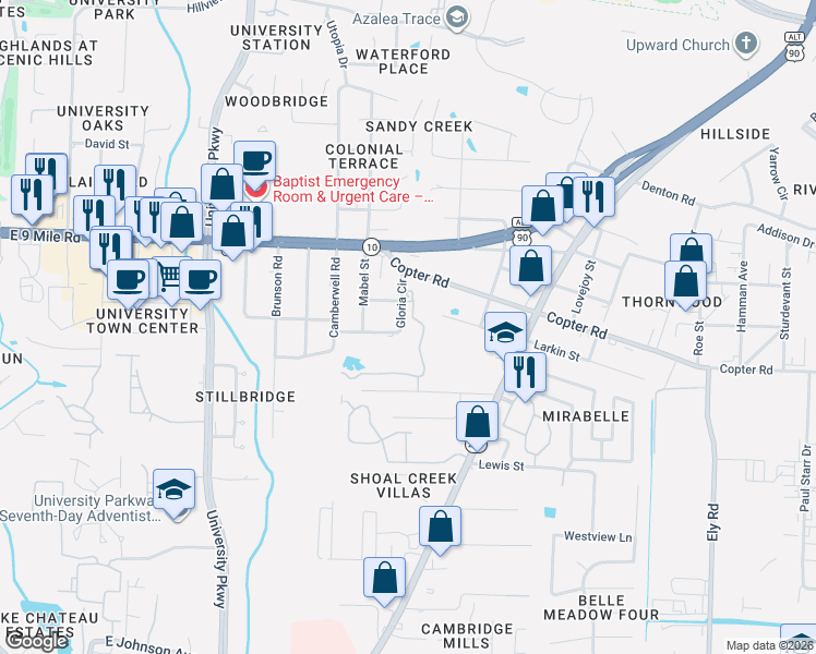 map of restaurants, bars, coffee shops, grocery stores, and more near 2200 Gloria Circle in Pensacola