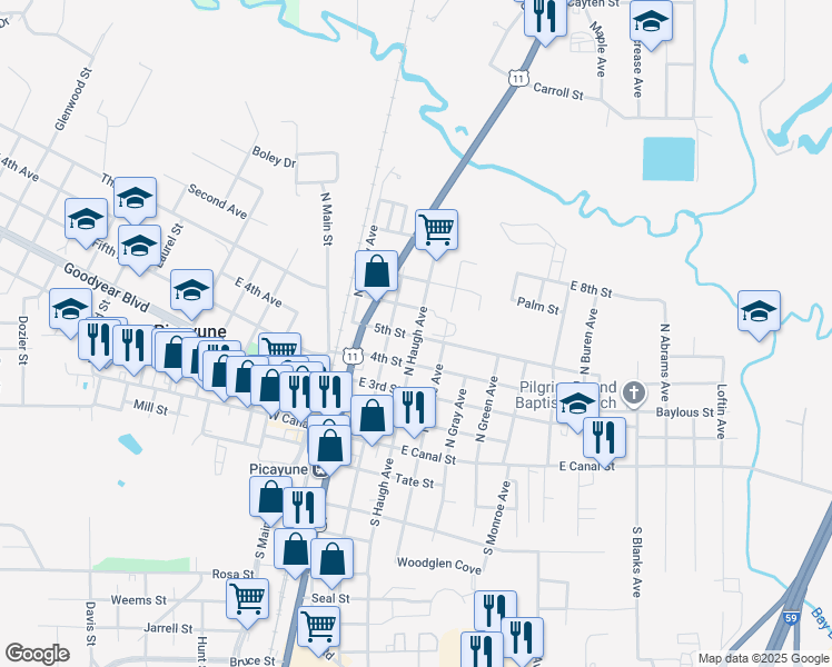 map of restaurants, bars, coffee shops, grocery stores, and more near 500-598 North Curran Avenue in Picayune