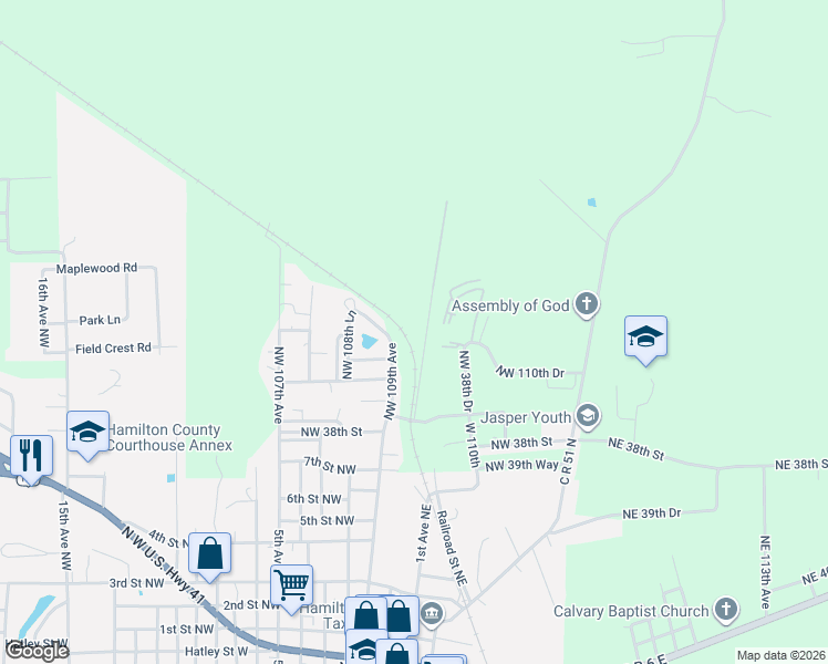 map of restaurants, bars, coffee shops, grocery stores, and more near 3738 Northwest 109th Avenue in Jasper