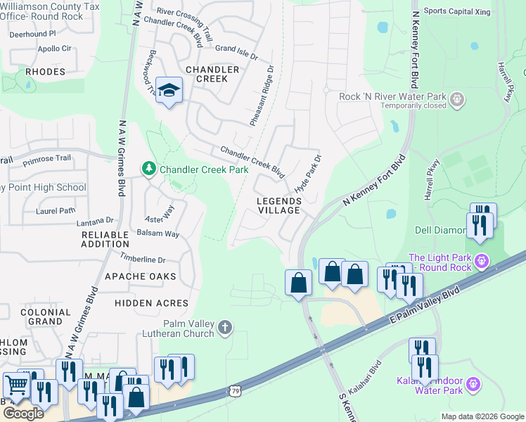 map of restaurants, bars, coffee shops, grocery stores, and more near 2572 Saint James Place in Round Rock
