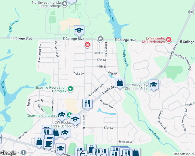 map of restaurants, bars, coffee shops, grocery stores, and more near 401 Hickory Avenue in Niceville
