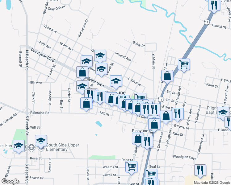 map of restaurants, bars, coffee shops, grocery stores, and more near in Picayune