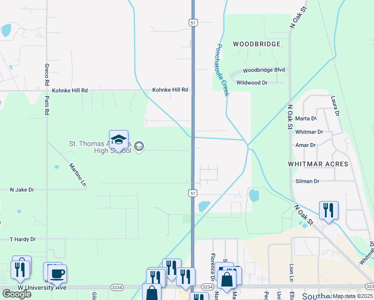 map of restaurants, bars, coffee shops, grocery stores, and more near 14520 Voss Drive in Hammond