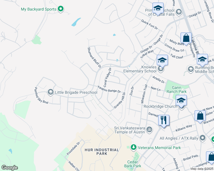map of restaurants, bars, coffee shops, grocery stores, and more near 2836 Coral Valley Drive in Leander