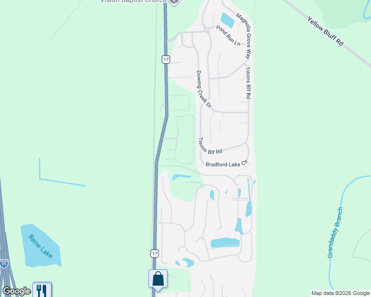 map of restaurants, bars, coffee shops, grocery stores, and more near 16002 Tison Bluff Road in Jacksonville
