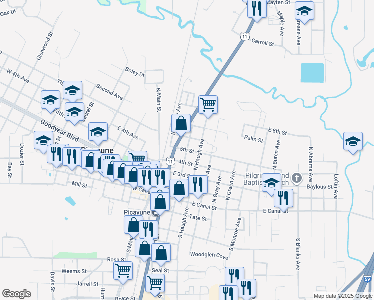 map of restaurants, bars, coffee shops, grocery stores, and more near 500 North Curran Avenue in Picayune