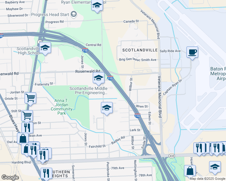 map of restaurants, bars, coffee shops, grocery stores, and more near 2430 McBan Circle in Baton Rouge