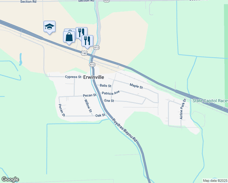 map of restaurants, bars, coffee shops, grocery stores, and more near 12513 Balis Street in Port Allen