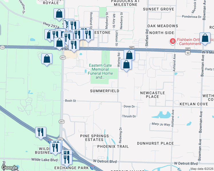 map of restaurants, bars, coffee shops, grocery stores, and more near 2023 Larkspur Circle in Pensacola