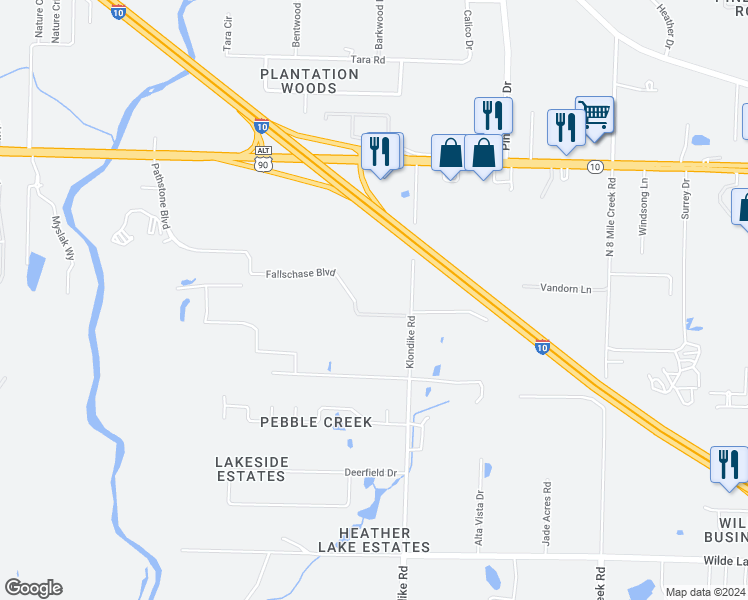 map of restaurants, bars, coffee shops, grocery stores, and more near 8917 Klondike Road in Pensacola