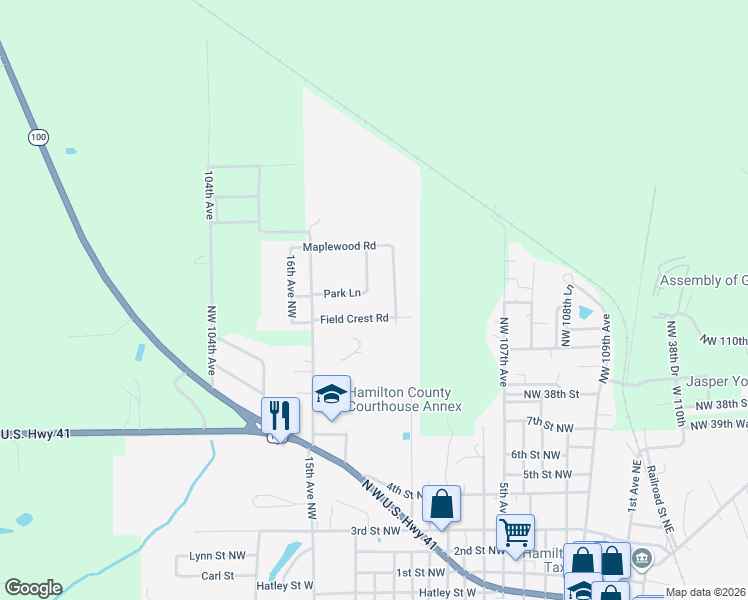 map of restaurants, bars, coffee shops, grocery stores, and more near 1120 Park Ln in Jasper