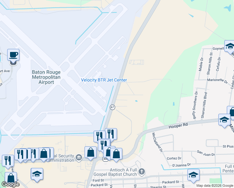 map of restaurants, bars, coffee shops, grocery stores, and more near 9032 Plank Road in Baton Rouge
