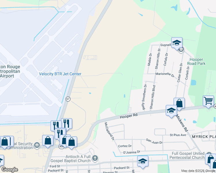 map of restaurants, bars, coffee shops, grocery stores, and more near 9032 Plank Road in Baton Rouge