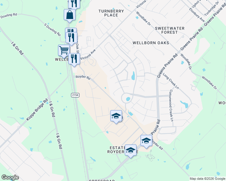 map of restaurants, bars, coffee shops, grocery stores, and more near 4214 Cripple Creek Court in College Station