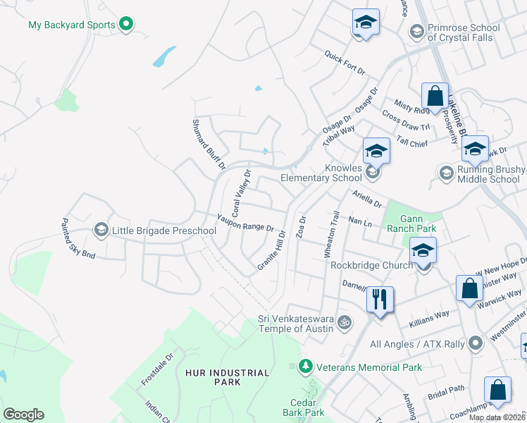 map of restaurants, bars, coffee shops, grocery stores, and more near 2228 Lookout Range Drive in Leander