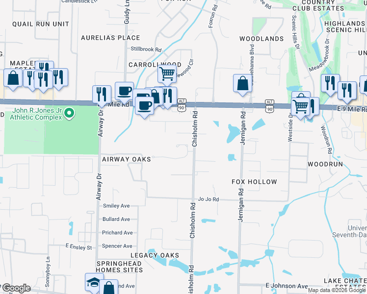 map of restaurants, bars, coffee shops, grocery stores, and more near 1245 Chisholm Trail in Pensacola