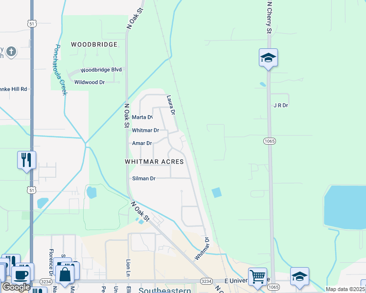 map of restaurants, bars, coffee shops, grocery stores, and more near 10 Kay Lane in Hammond