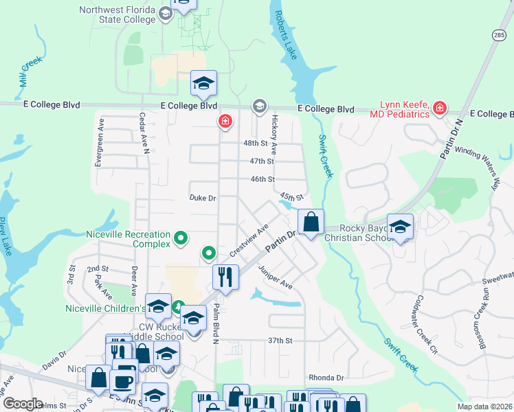 map of restaurants, bars, coffee shops, grocery stores, and more near 413 Hickory Avenue in Niceville