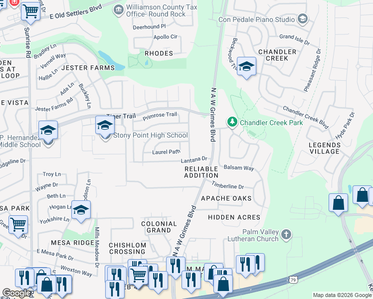 map of restaurants, bars, coffee shops, grocery stores, and more near 1900 Bluebonnet Drive in Round Rock