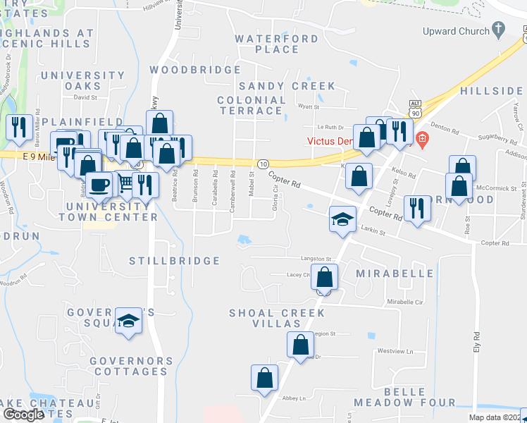 map of restaurants, bars, coffee shops, grocery stores, and more near 2149 Gloria Circle in Pensacola