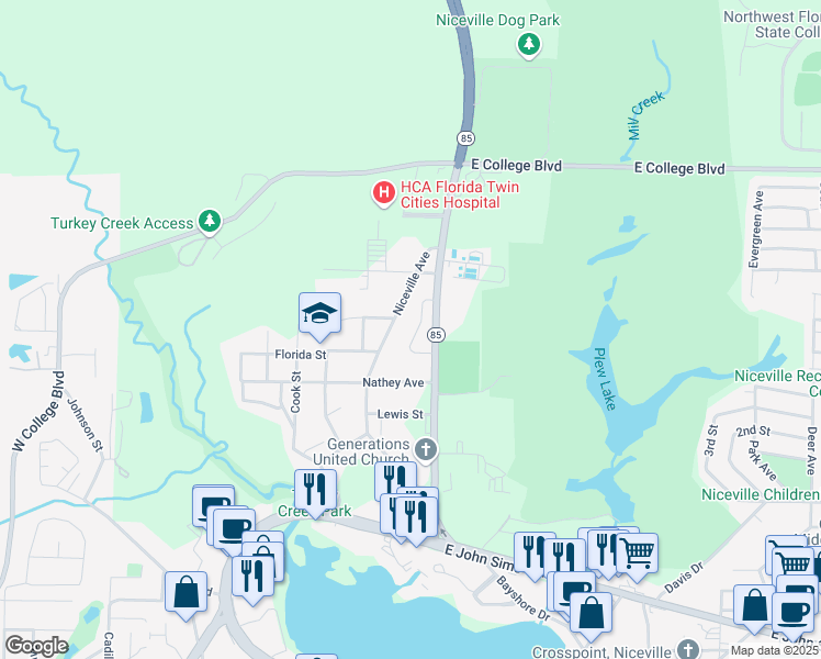 map of restaurants, bars, coffee shops, grocery stores, and more near 124 Arrowhead Way in Niceville