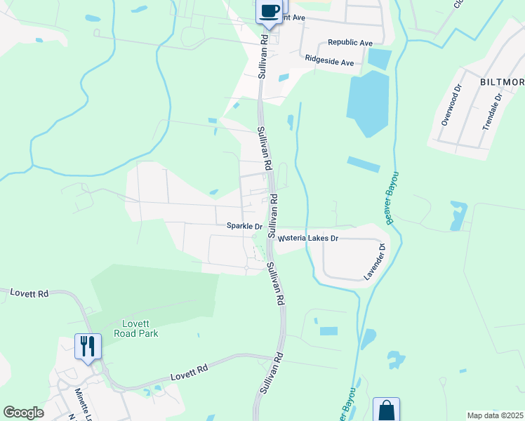map of restaurants, bars, coffee shops, grocery stores, and more near 8585 Sullivan Road in Baton Rouge