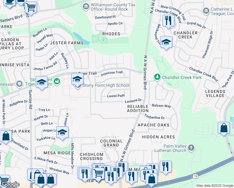 map of restaurants, bars, coffee shops, grocery stores, and more near 1708 Laurel Path in Round Rock