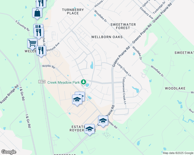 map of restaurants, bars, coffee shops, grocery stores, and more near 15643 Baker Meadow Loop in College Station