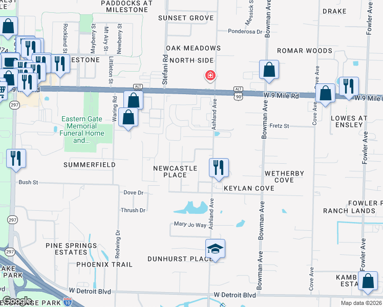 map of restaurants, bars, coffee shops, grocery stores, and more near 1484 Newcastle Way in Pensacola