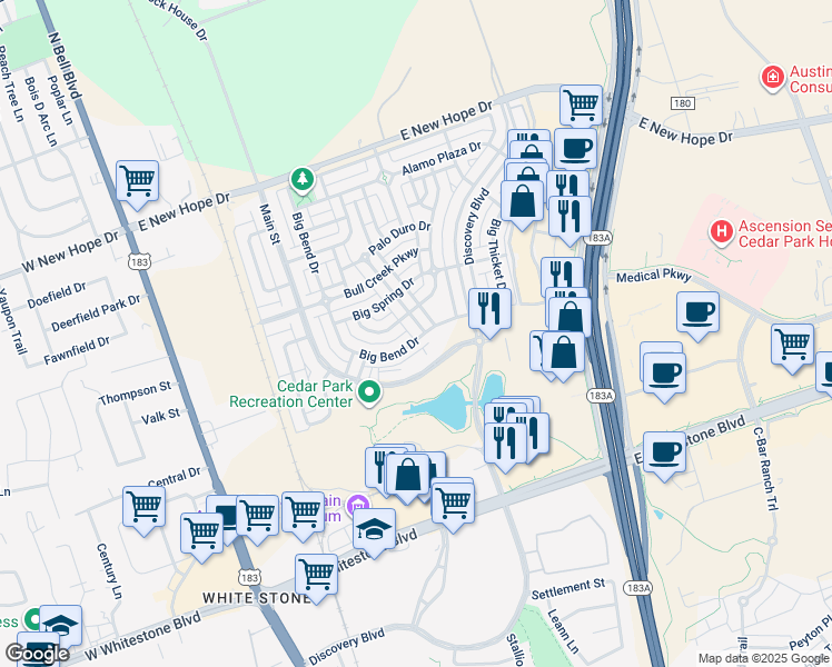 map of restaurants, bars, coffee shops, grocery stores, and more near 1501 Hill Country Dr in Cedar Park