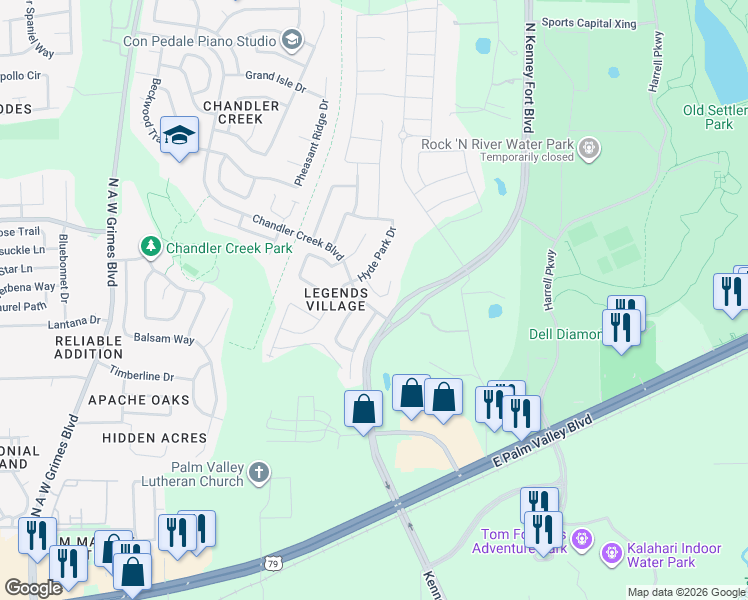 map of restaurants, bars, coffee shops, grocery stores, and more near 2721 Claremont Court in Round Rock