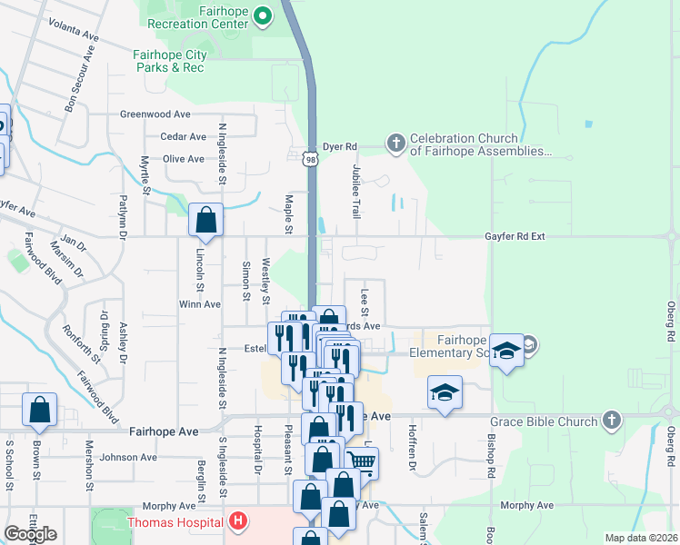 map of restaurants, bars, coffee shops, grocery stores, and more near 253 Jeff Davis Street in Fairhope