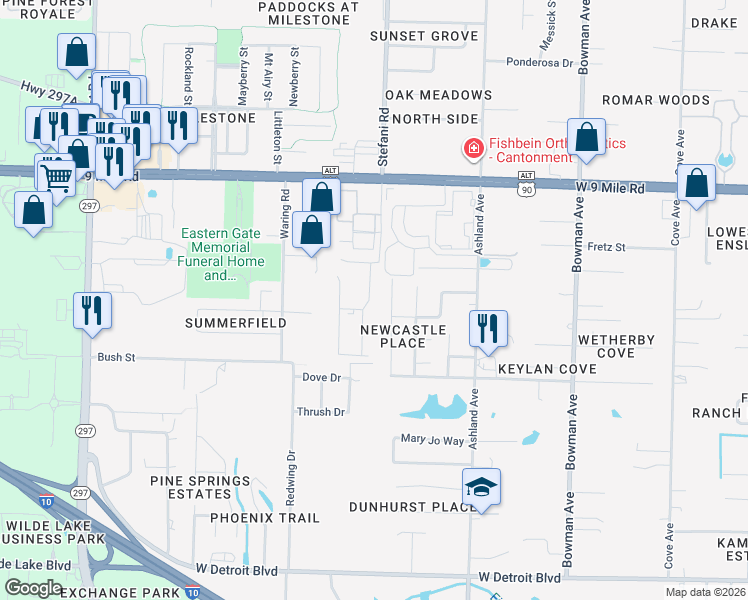 map of restaurants, bars, coffee shops, grocery stores, and more near 8988 Brigade Trail in Pensacola