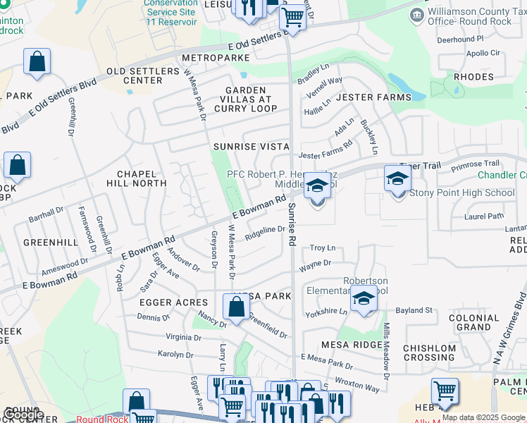 map of restaurants, bars, coffee shops, grocery stores, and more near 2010 Ridgetop Drive in Round Rock