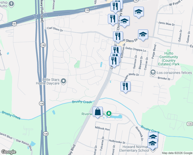 map of restaurants, bars, coffee shops, grocery stores, and more near 202 Barley Fork Lane in Hutto