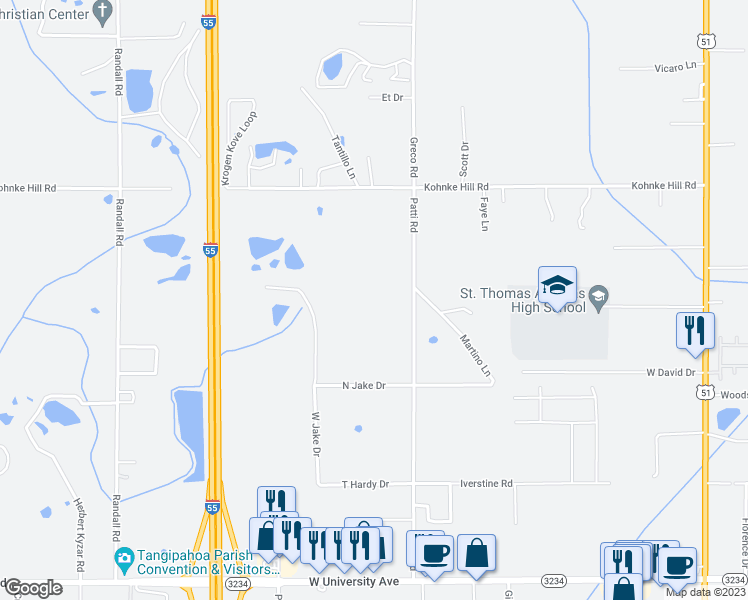 map of restaurants, bars, coffee shops, grocery stores, and more near 46367 Patti Road in Hammond