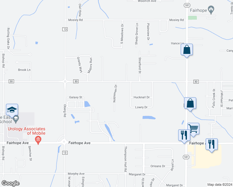 map of restaurants, bars, coffee shops, grocery stores, and more near 20910 Nobleman Drive in Fairhope