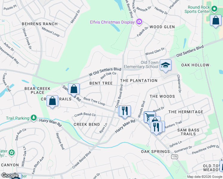 map of restaurants, bars, coffee shops, grocery stores, and more near 2103 Bent Tree Court in Round Rock