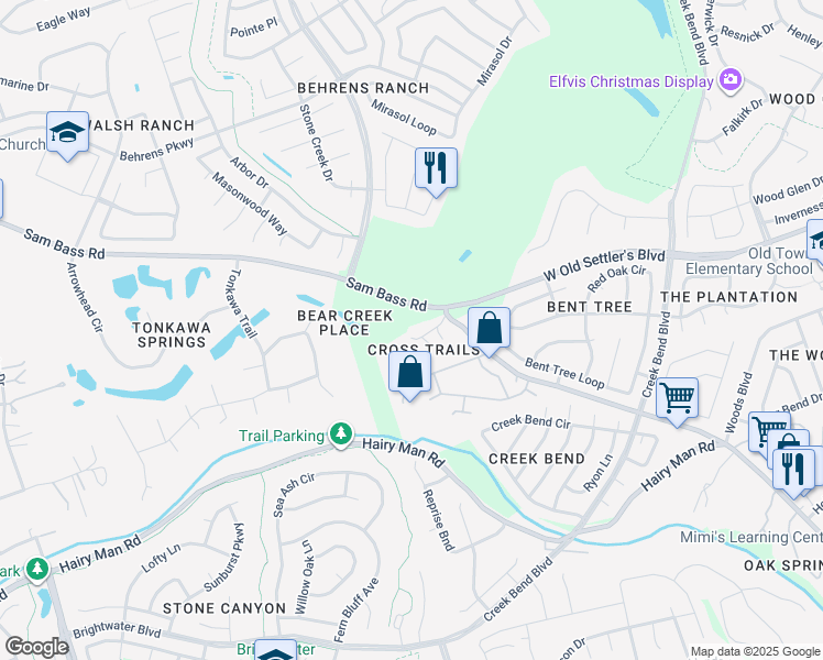 map of restaurants, bars, coffee shops, grocery stores, and more near 2000 Crosscreek Trail in Round Rock