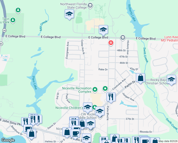 map of restaurants, bars, coffee shops, grocery stores, and more near 3918 Summerwood Court in Niceville