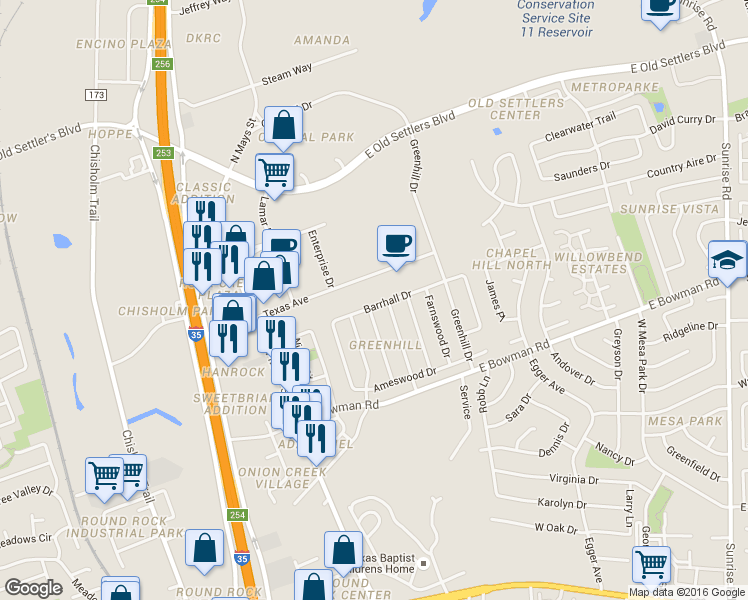 map of restaurants, bars, coffee shops, grocery stores, and more near 208 Barrhall Drive in Round Rock