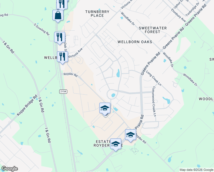 map of restaurants, bars, coffee shops, grocery stores, and more near 4115 Cripple Creek Court in College Station
