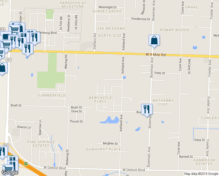 map of restaurants, bars, coffee shops, grocery stores, and more near 1478 Newcastle Way in Pensacola