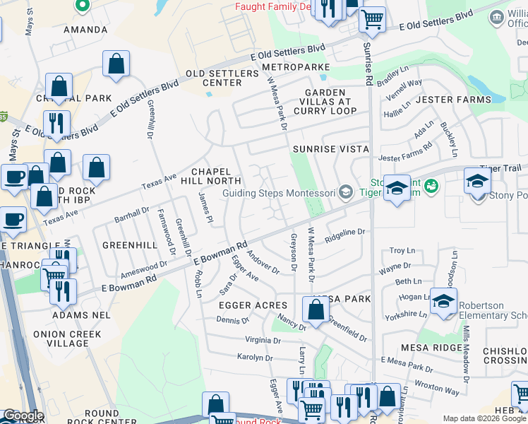 map of restaurants, bars, coffee shops, grocery stores, and more near 2100 Willowbend Drive in Round Rock