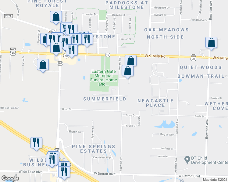 map of restaurants, bars, coffee shops, grocery stores, and more near 8904 Sunflower Court in Pensacola