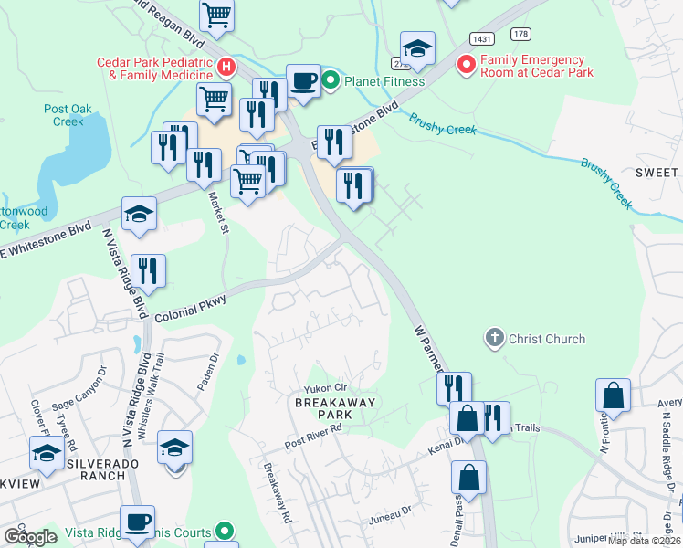 map of restaurants, bars, coffee shops, grocery stores, and more near 3000 Colonial Parkway in Cedar Park