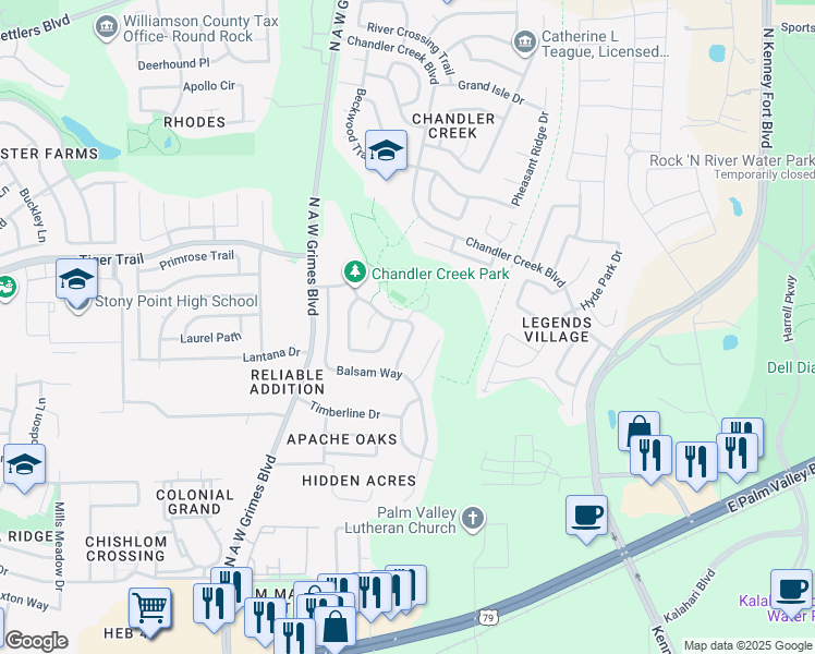 map of restaurants, bars, coffee shops, grocery stores, and more near 2407 Agarita Trail in Round Rock